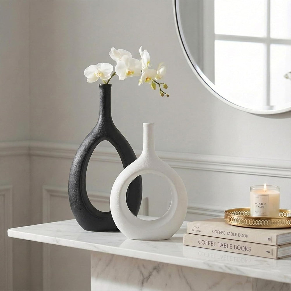 Black and White Ceramic Hollow Elliptical Vase Set of 2 - Boho Circle Vase wi...