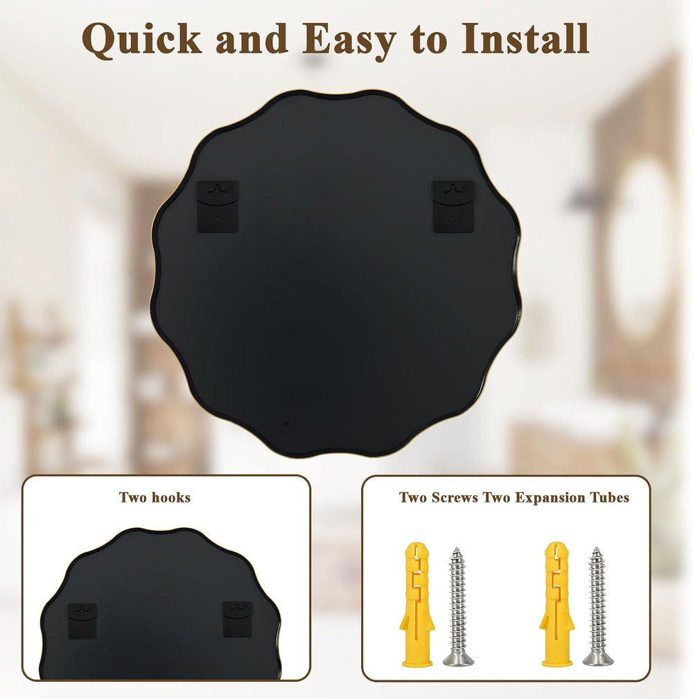 VooBang Gold Scalloped Circle Mirror, 30" Wavy Edge Round Wall Mirror