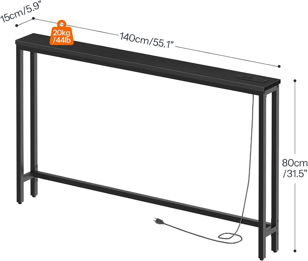 HOOBRO 55.1" Narrow Console Table with Power Outlets, 5.9" Behind C...