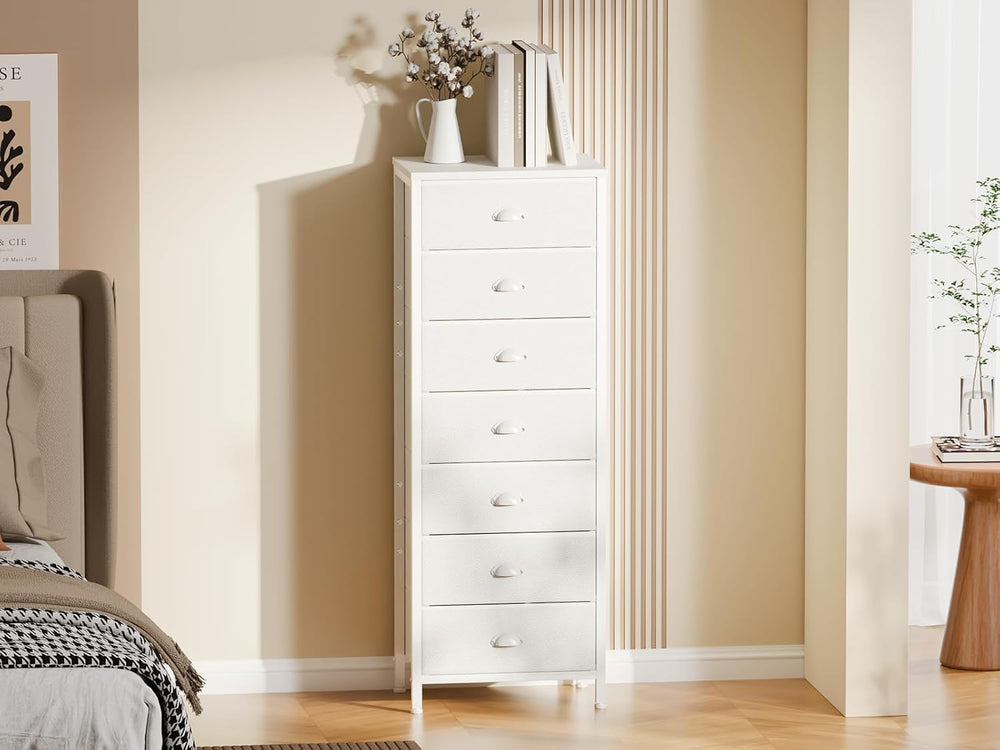 White Tall Dresser for Bedroom, Chest of Drawer with Fabric Drawer
