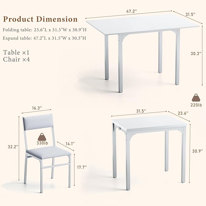 Dining Table Set for 4, Extendable Kitchen Table Cushion Chairs Set of 4, Rec...