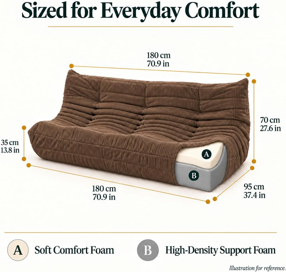 N&V Fireside 3-Seater Sofa, Armless Corduroy Floor Couch, Brown Sugar