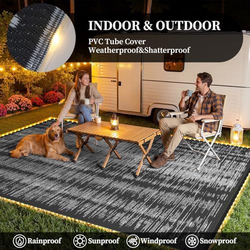 MontVoo Outdoor Rug Waterproof 6x9 ft with Strip Lights Outdoor Patio Rug Mat...