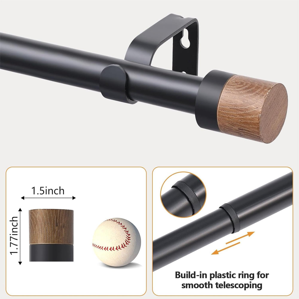 1 Pack Boho Rustic Adjustable Wood Curtain Rod 32-88 Inch, Black
