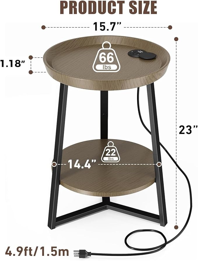 Gadroad Round End Table with Charging Station, USB Ports, Wood Tabletop &...
