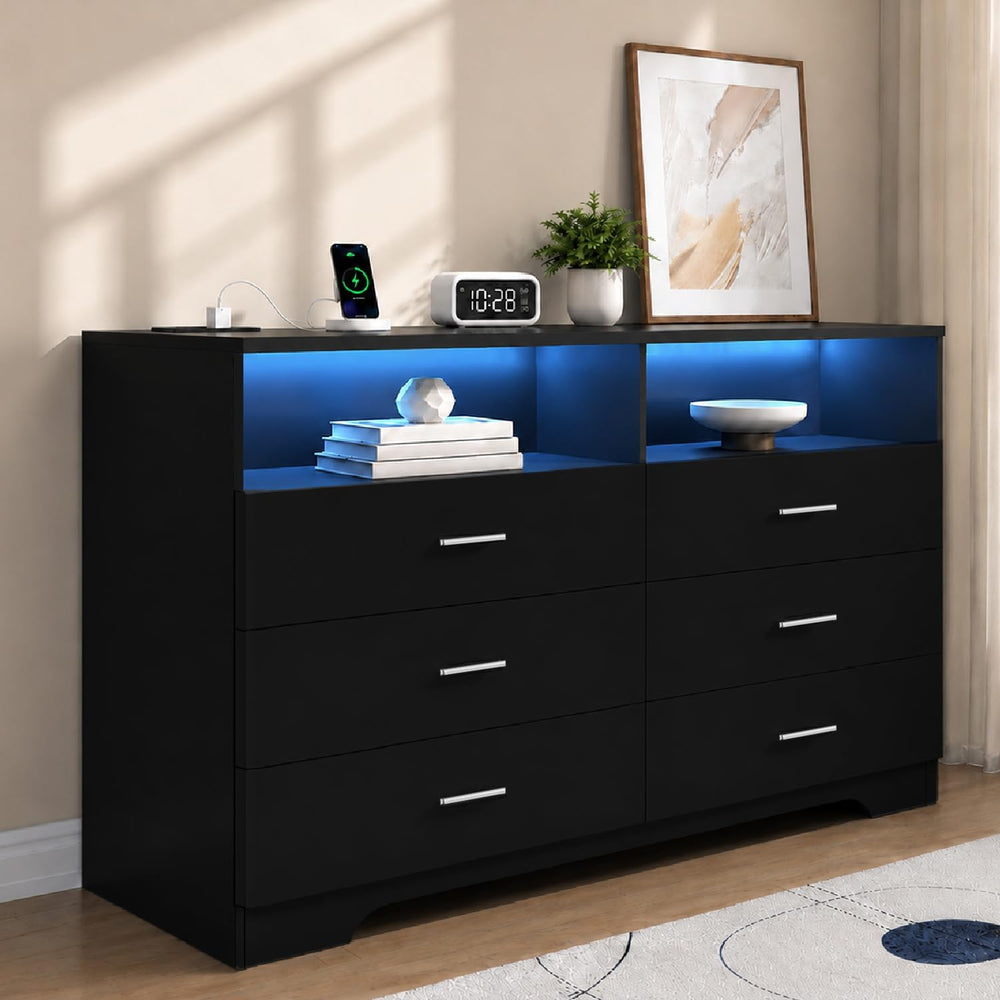 GEPELCN 6 Drawer Dresser with Power Outlets and LED Wooden Chest of Drawers w...
