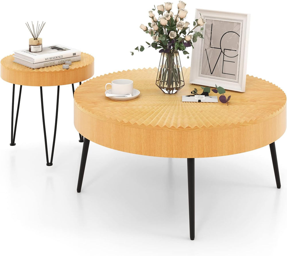 Giantex Boho Round Coffee Table Set of 2, Sofa Side Nesting Table with Solid ...