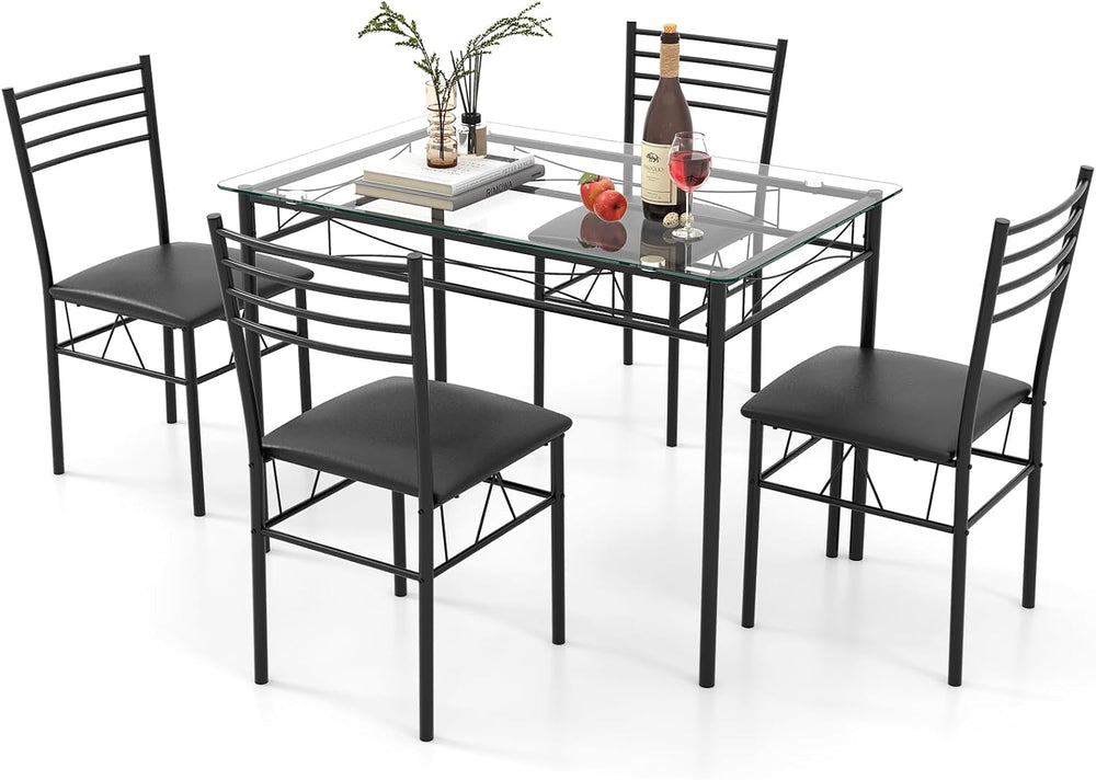 Giantex 5 Piece Dining Table Set, Kitchen Dining Set with Tempered Glass Tabl...