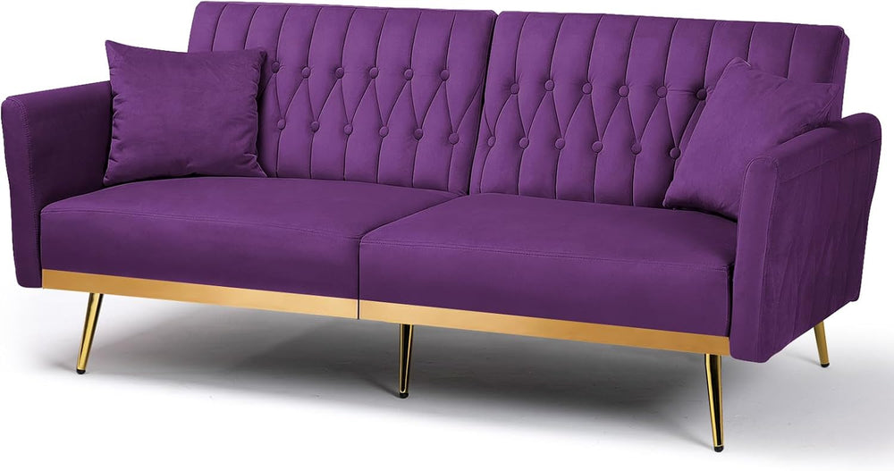 70” Velvet Futon Sofa Bed w/Adjustable Armrests, Purpel