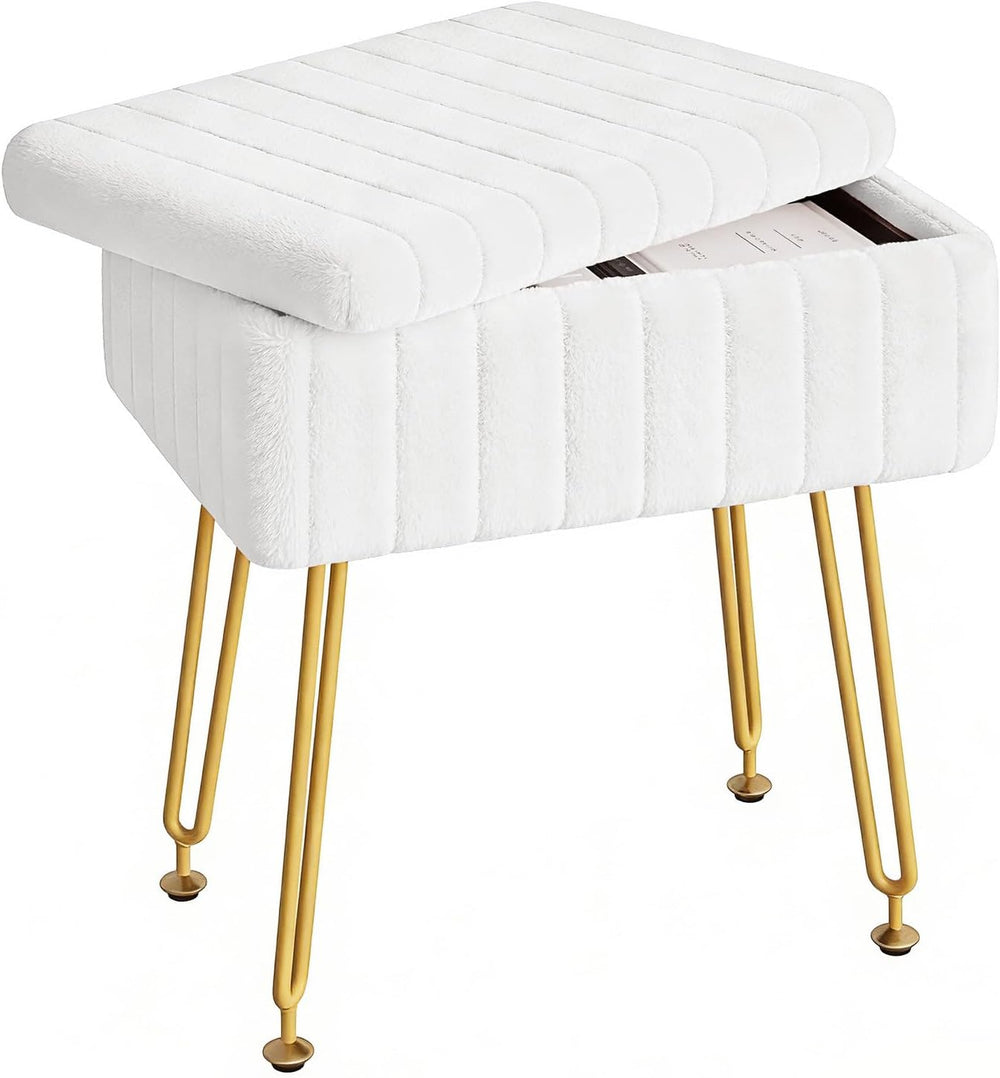Somdot Vanity Stool Chair with Storage, Furry Padded Seat, Makeup Stool