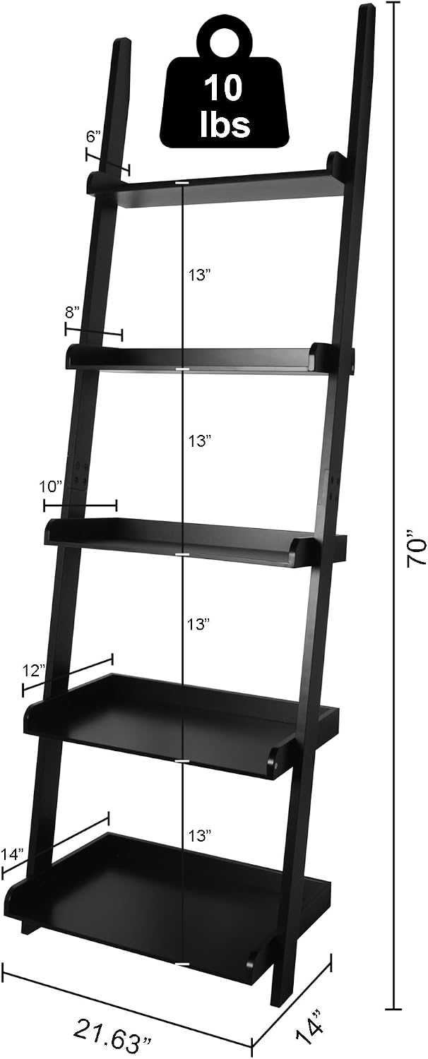 Modern 5 Tier Leaning Wall Ladder Bookshelf, Black, 70 Inches | Storage Rack,...