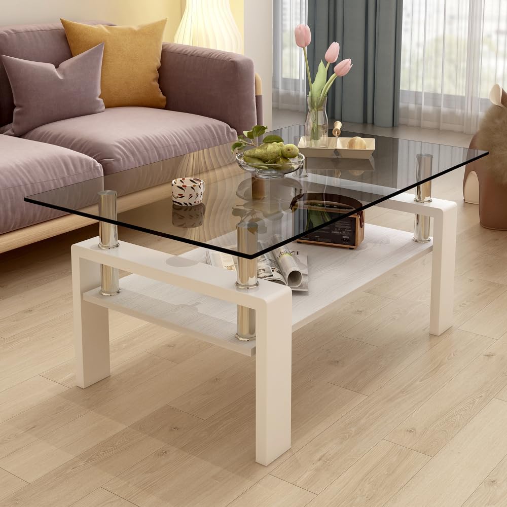 Rectangle Coffee Table, Tempered Glass Tabletop with MDF Layer, Modern Table ...