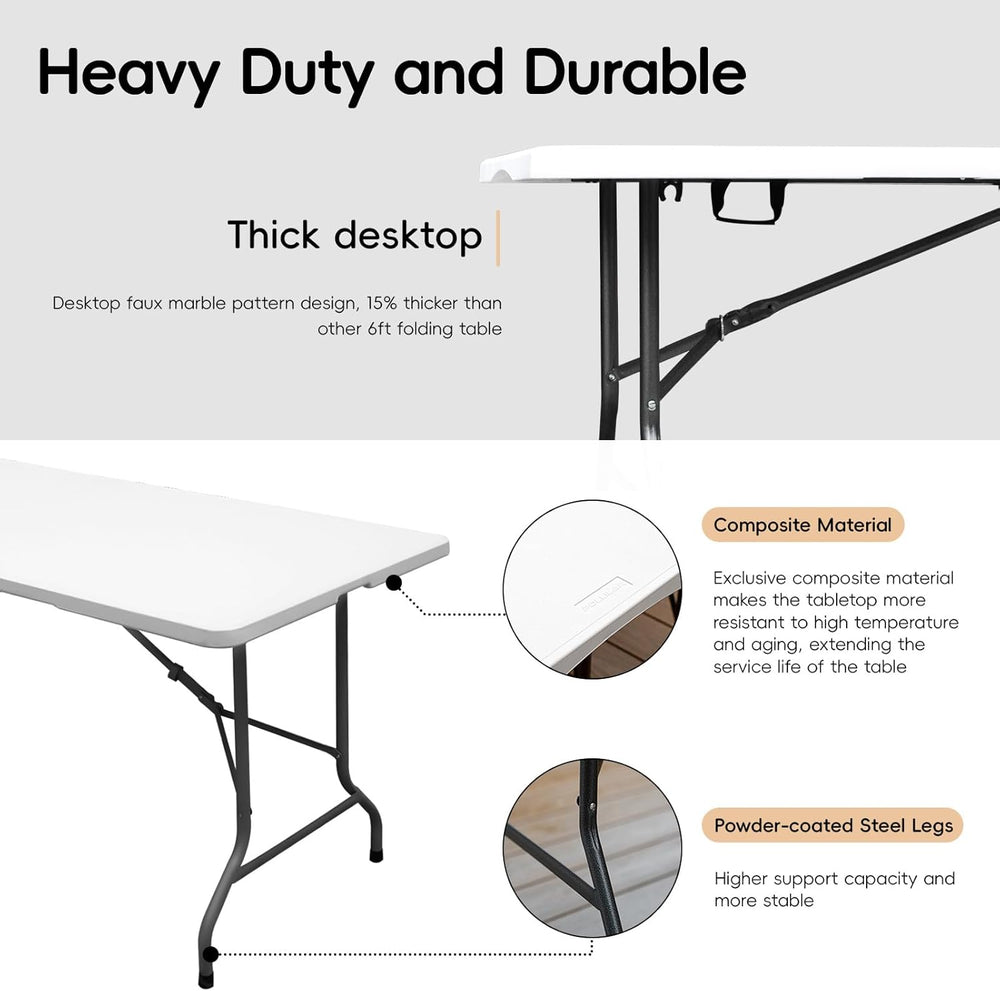 pollilar 6FT Folding Table Plastic 6 Foot Foldable Table HDPE Portable Banque...