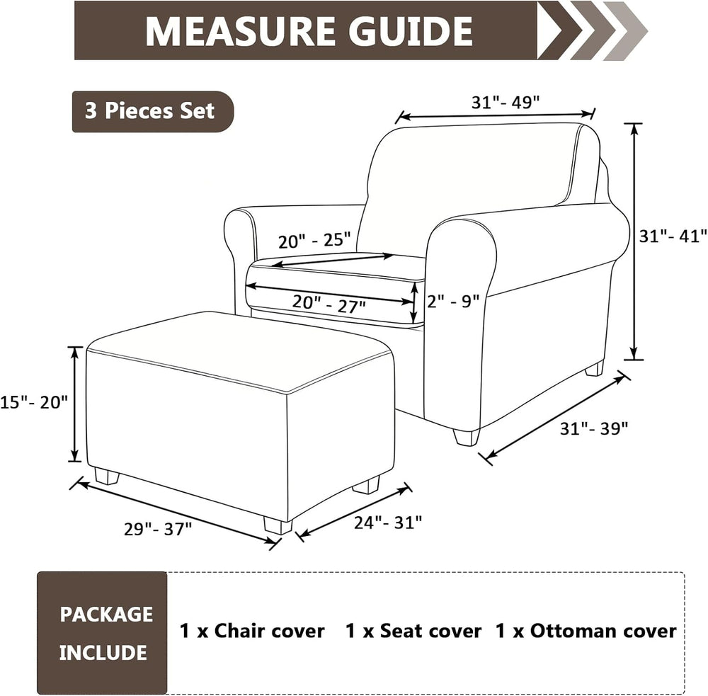 3 Piece Stretch Matching Chair and Ottoman Slipcover Set, Jacquard Arm Chair/...