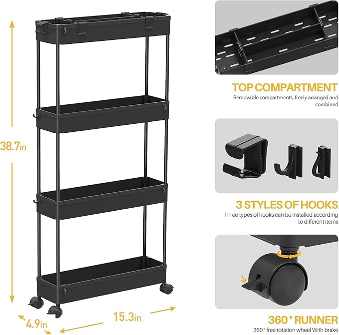 SPACELEAD 2-piece Set Slim Storage Cart 3 Tier, Bathroom Organizer Rolling