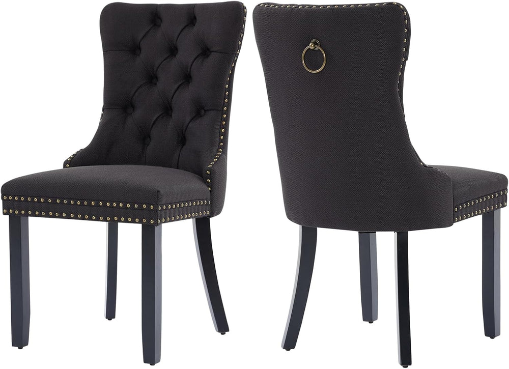 Black Dining Chairs Set of 2, Upholstered Tufted Linen Fabric Dining Room Cha...