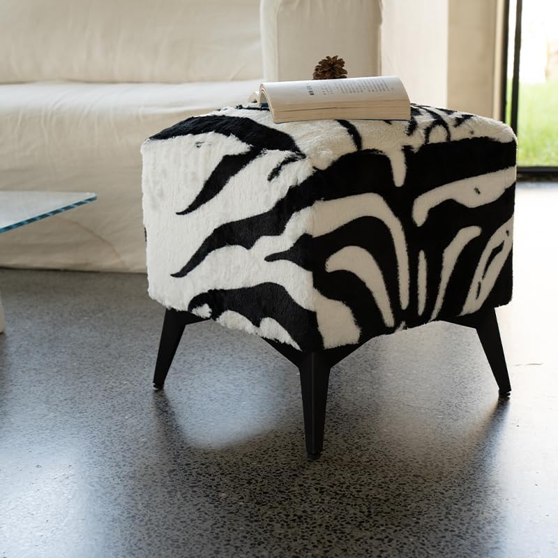 Zebra Print Velvet Ottoman, Plush Upholstered Footstool, Western Style | 16x1...