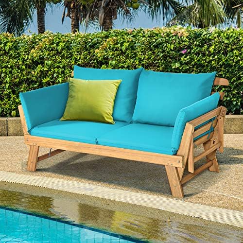 Tangkula Convertible Acacia Wood Patio Sofa Bed with Adjustable Armrest