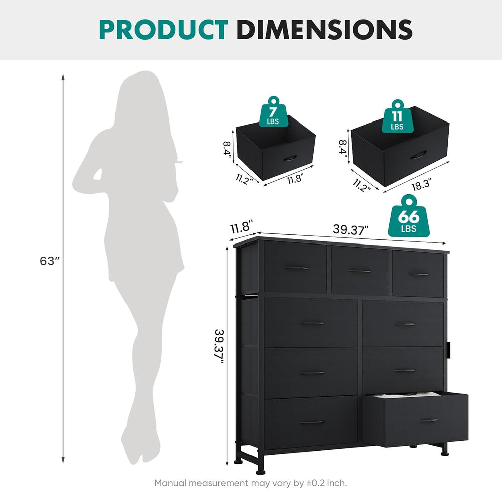 OLIXIS 9 Drawer Black Dresser for Bedroom, Closet Organizer Storage Tower