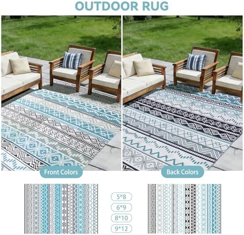 Outdoor Rug 8 x10 ft, Plastic Rug for Patio, Blue & Grey