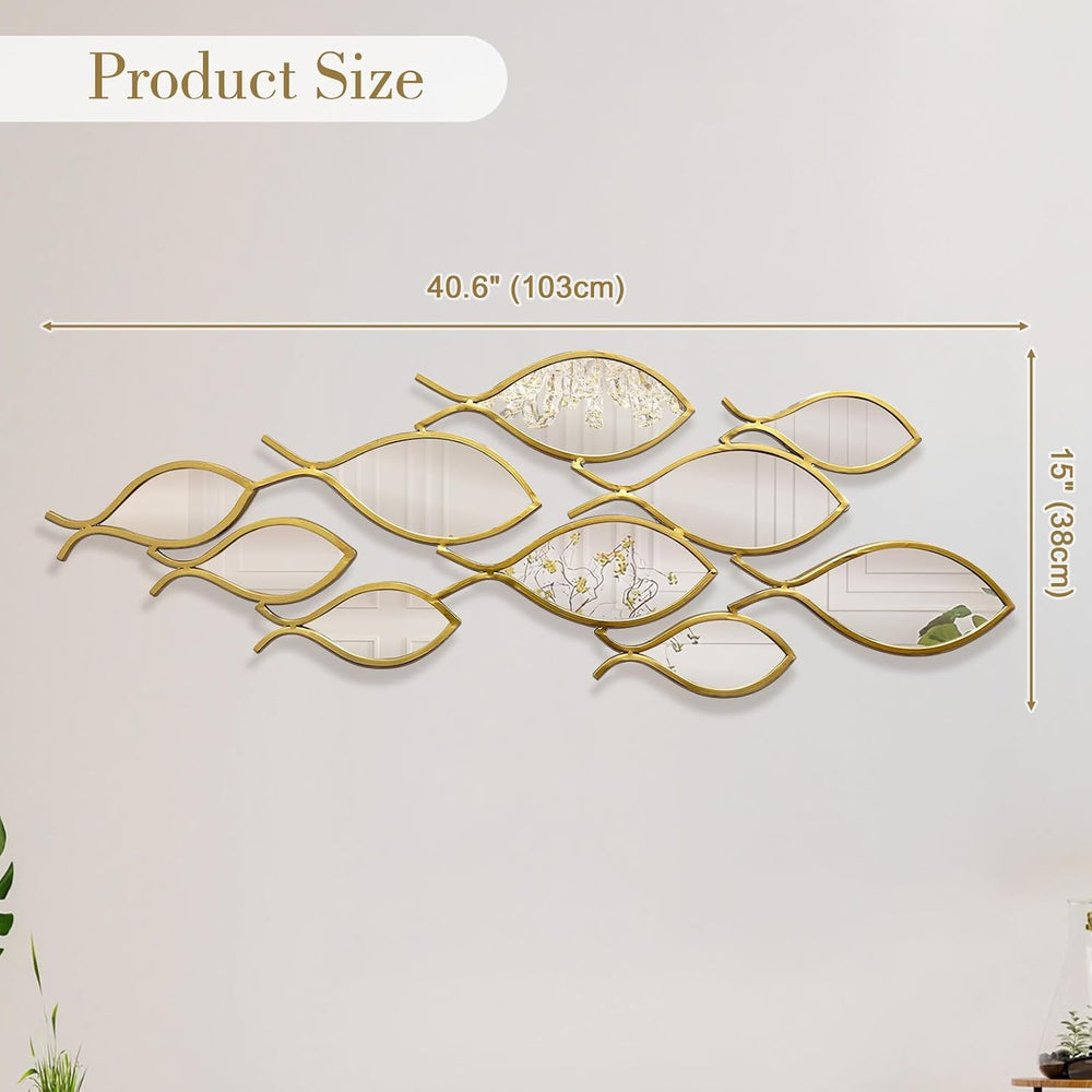 BECHAEO Coastal Metal Fish Mirror Wall Art Decor, 41" x 15" Gold