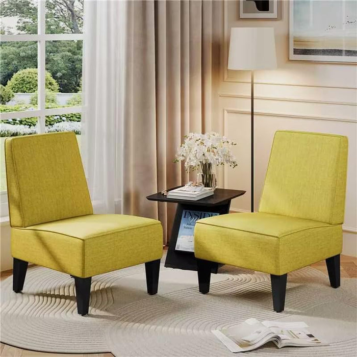 Armless Accent Chairs Set of 2, Green Upholstered Linen Slipper Chair with Solid Wood Legs, Mid Century Modern Side Chairs for Small Living Room Bedroom Apartment Reading Nook