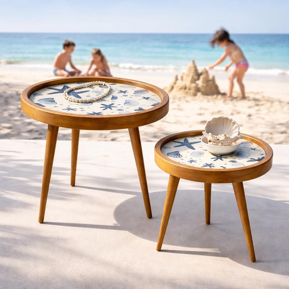 HOMORA Handcrafted Wooden Side Tables Set of 2 – Coastal Nautical Printed Top...