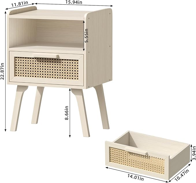 Lerliuo Rattan Nightstand, Side Table with Drawer Open Shelf, Cane Accent Bed...