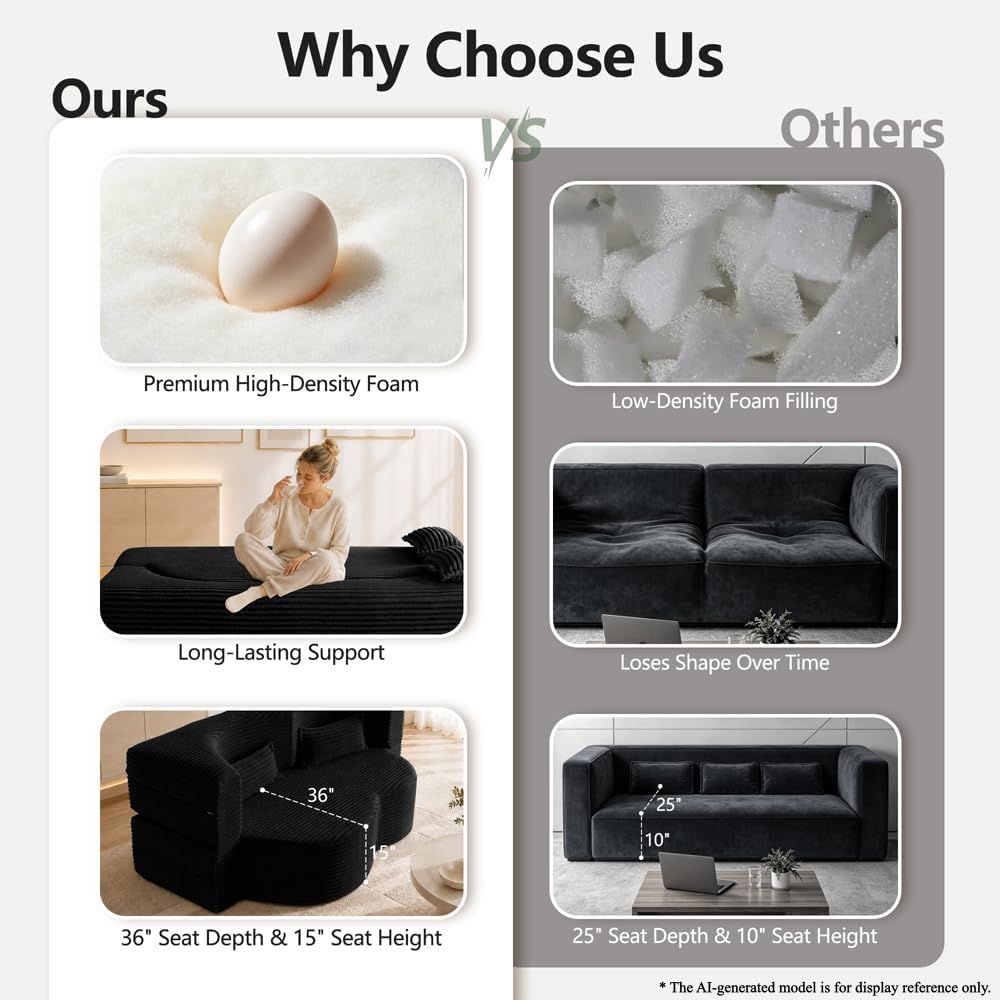 78" Futon Sofa Bed, Full Size Boneless Corduroy Couch Bed (Black)