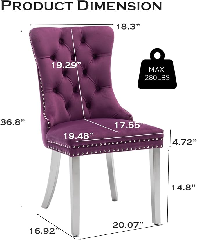 Velvet Upholstered Dining Chairs Set of 2, Modern Kitchen Side Chairs with Na...