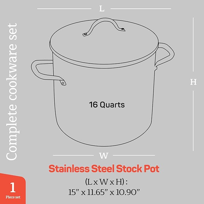 Stainless Steel Stockpot with Tempered Glass Lid 16 Quart, Durable 18/0