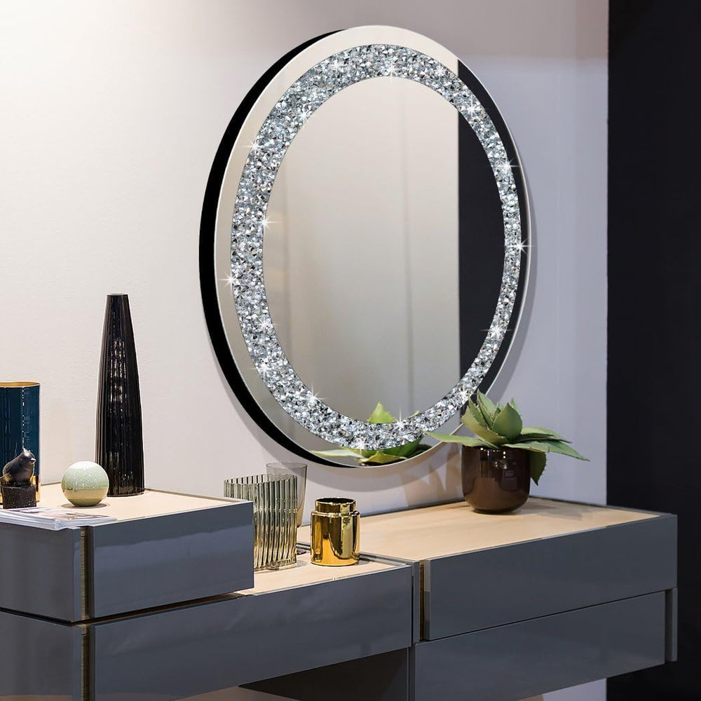 QMDECOR Round Wall Mirror 28x28 inch Crystal Crush Diamond Decor for Home Dec...