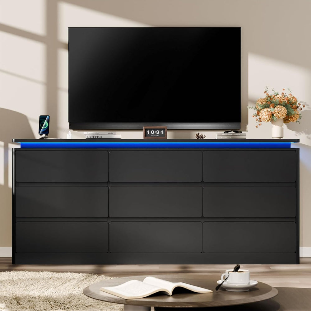 9 Drawer Dresser for Bedroom,62.99" Long Black Chest of Drawers w/LED Light