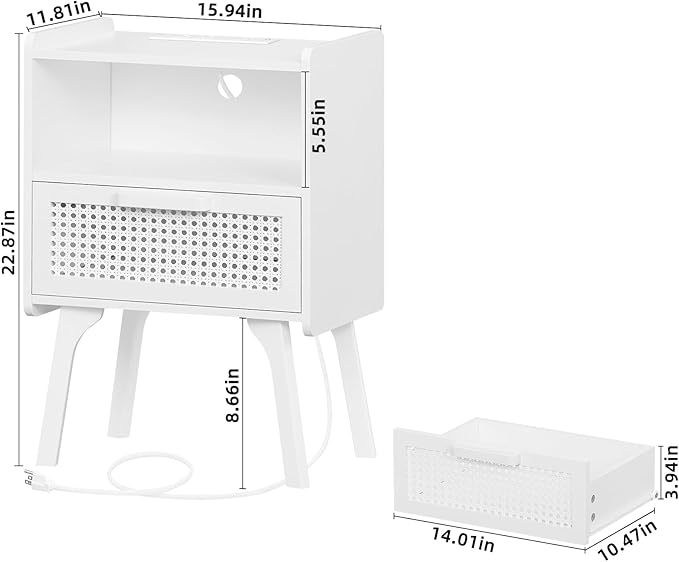 Lerliuo Rattan Nightstands set of 2 with Charging Station, Side Table with Dr...