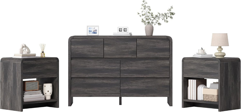 AMERLIFE Modern 3-Piece Bedroom Furniture Set with 7-Drawer Dresser and 2 Nig...