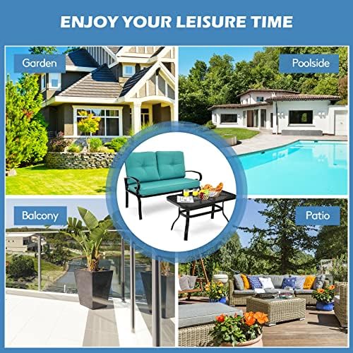 Giantex Patio Loveseat with Coffee Table Outdoor Bench with Cushion and Metal...