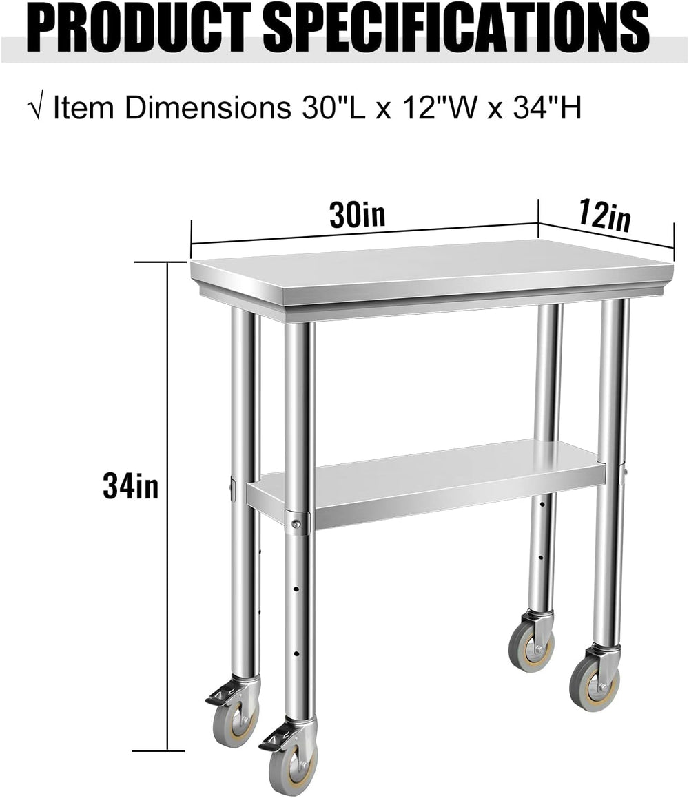 Stainless Steel Table for Prep & Work 30 x 12 Inches with Caster Wheels, ...