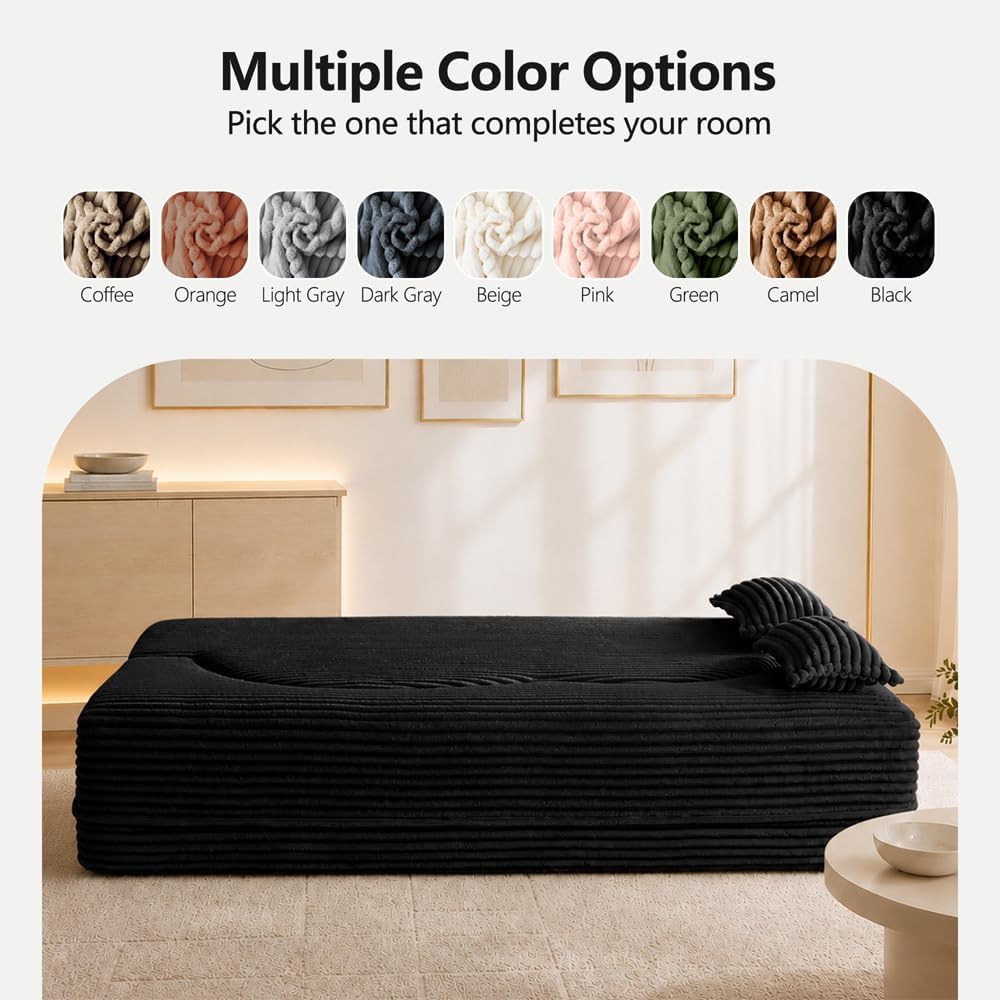 78" Futon Sofa Bed, Full Size Boneless Corduroy Couch Bed (Black)