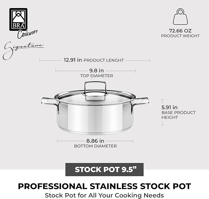 BRA COOKWARE Signature Stainless Steel Stock Pot w/Glass Lid | 9.5 Inch 4 Quart
