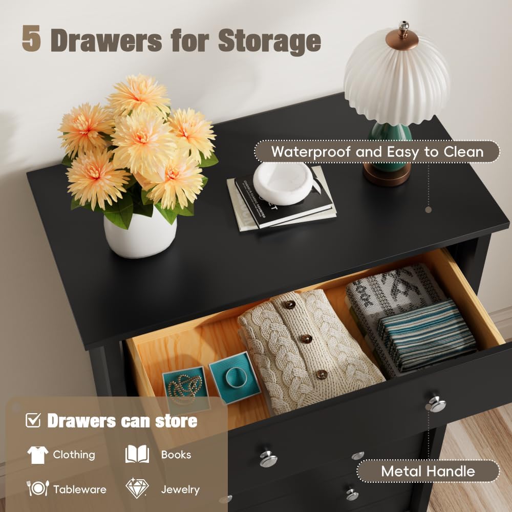 Furmax Tall Dresser, 5 Drawer Dresser for Bedroom, Black