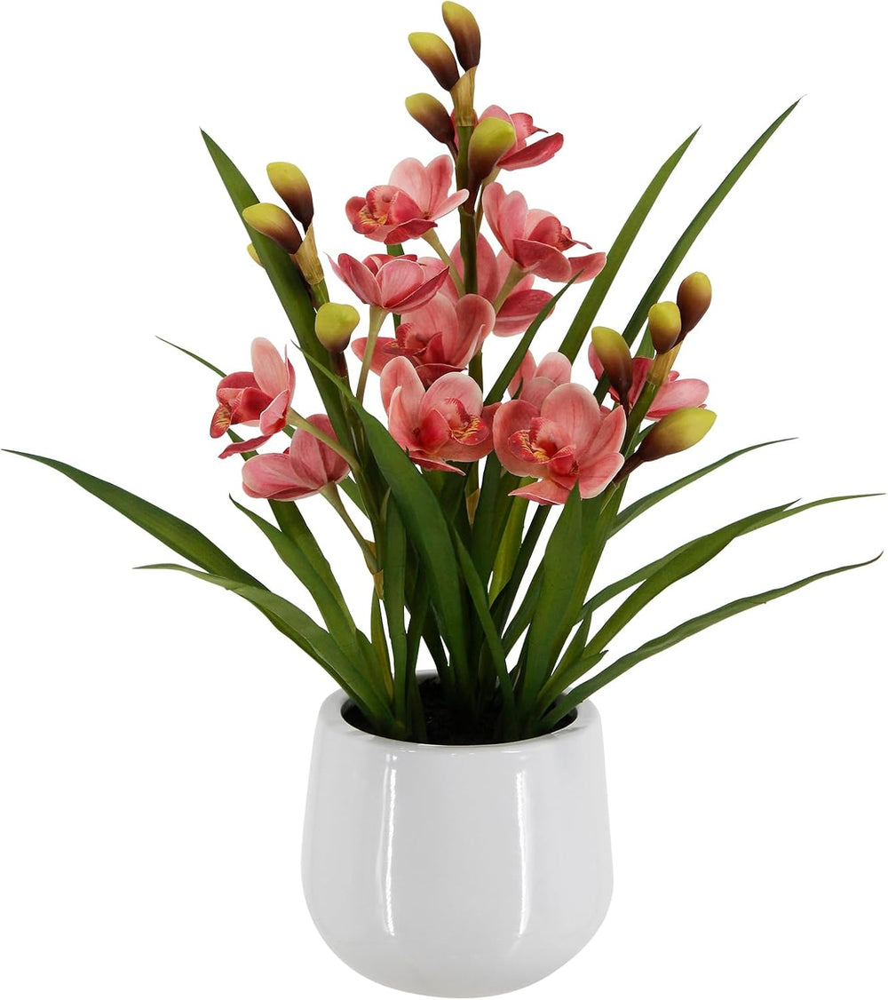 Faux Orchid Plant 19" Tall, Realistic Touch Leaves, Potted Cymbidium Art...