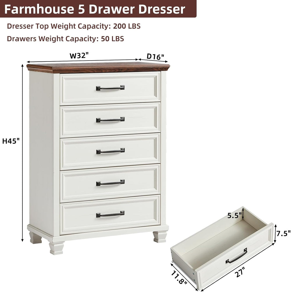 Farmhouse 5 Drawer Dresser for Bedroom, White