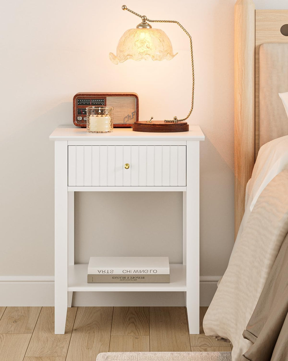 Fluted Nightstand, Farmhouse Night Stand with 1 Drawers, Mid Century Modern S...