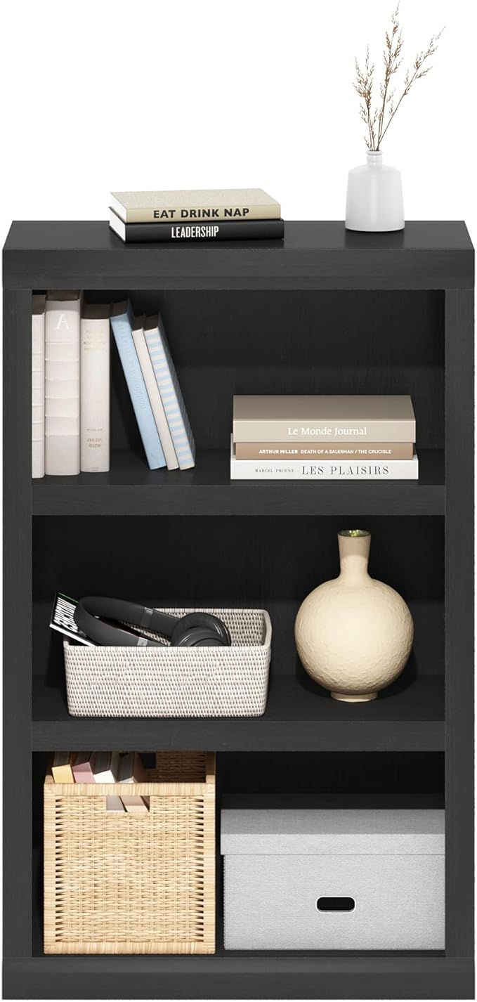 Furinno Rail 3-Tier Open Shelf Bookcase with Classic Style Edges, Blackwood
