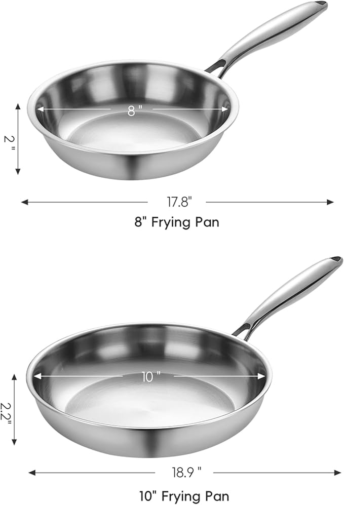 SuperCook 2 Pieces Tri-Ply Clad Stainless Steel Frying Pan, Steel Pans