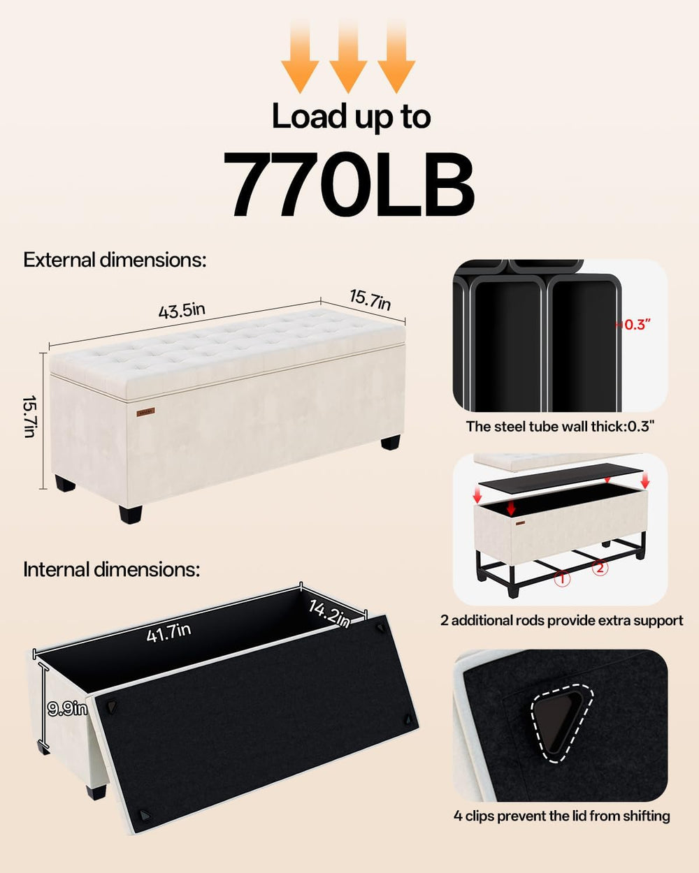 ABHENG Velvet Storage ottoman bench with legs,43.5”W x 15.7”D x 15.7”H,metal ...
