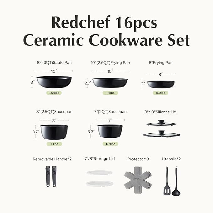 Redchef 16pcs Ceramic Pots and Pans Set Non Stick, Nonstick Kitchen Cookware Set