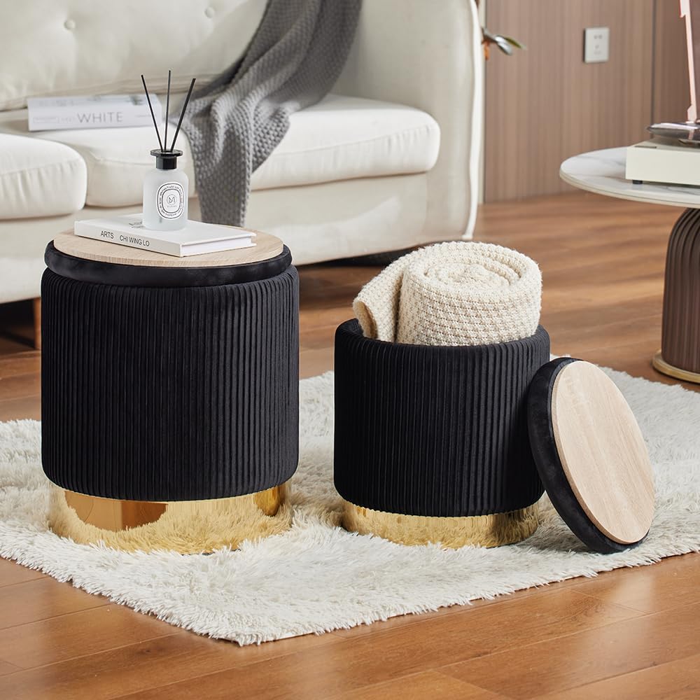 Round Ottoman with Storage Set of 2 Black Velvet Vanity Stool