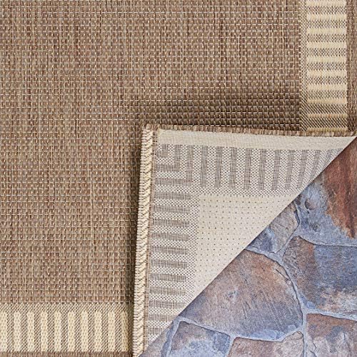 Couristan Recife Striped Border Washable Round Outdoor Rug, Tan, 7.5 Ft
