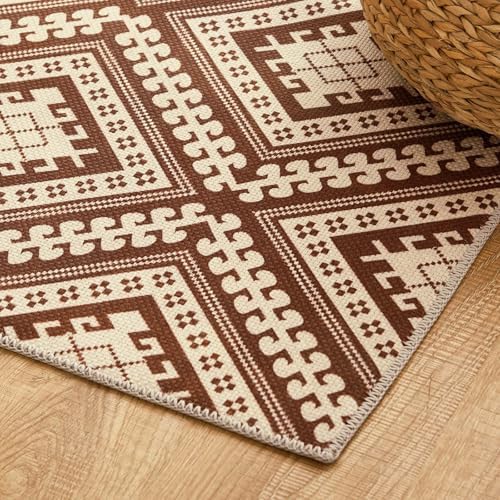 jinchan 5x7 Faux Jute Area Rug Washable Tile-Inspired Rug, Terracotta Brown